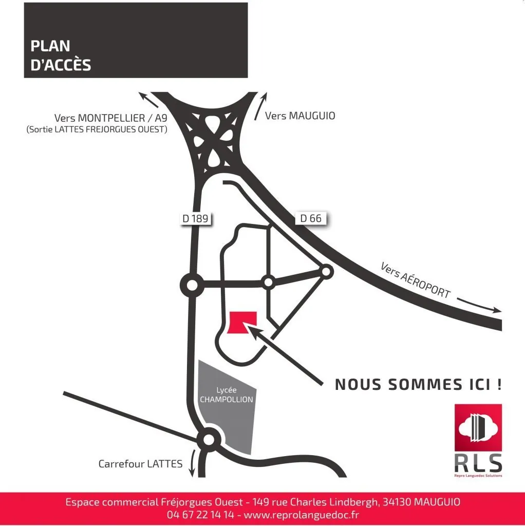 Plan d’accès à RLS, 149 rue Charles Lindbergh, zone de Fréjorgues Ouest à Mauguio